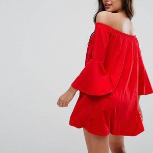 ASOS - Red Off Shoulder Dress with Trumpet Sleeve